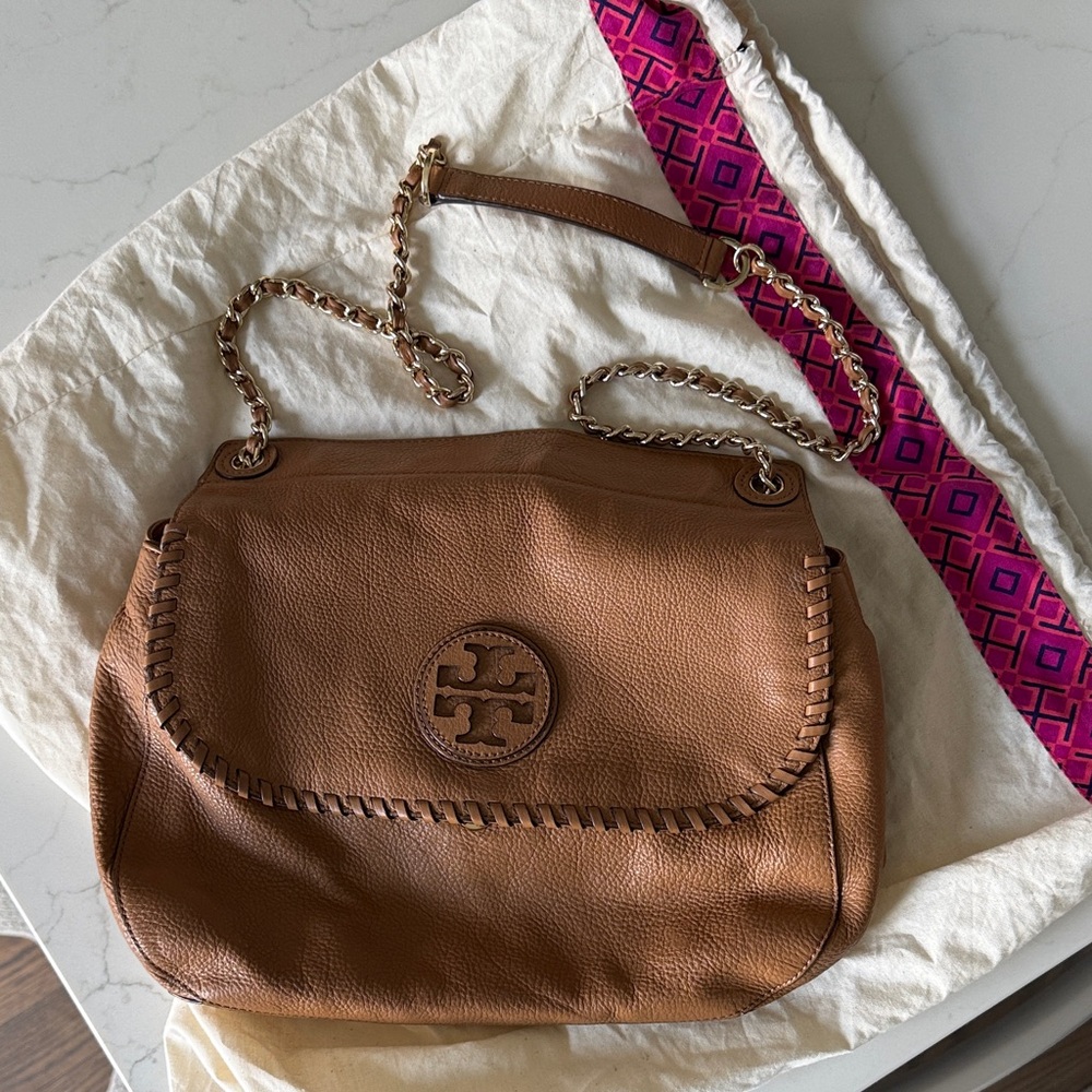 Tory Burch Brown Leather Chain Saddle Bag